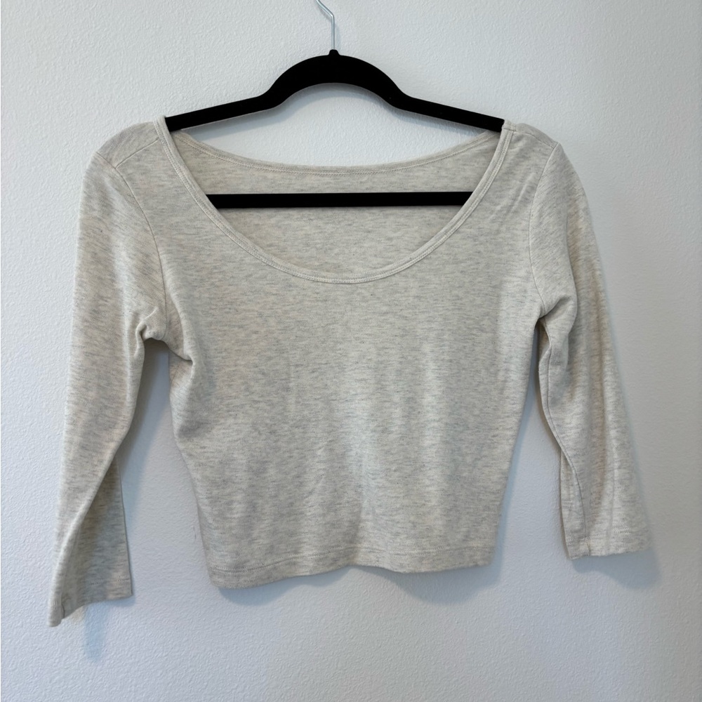 Reversible Neckline Elegant Heather Cream/Gray Long Sleeve Crop Top